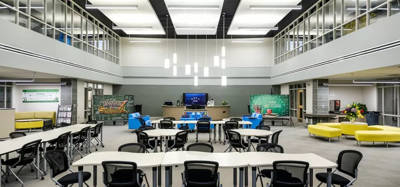 Specialty ceiling installation in a school commons